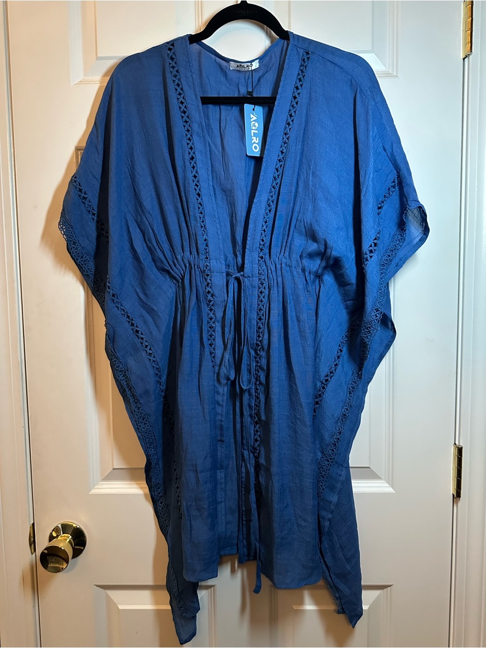 NWTS AOLRO Women's Blue Crochet-Trim Swim Coverup Sz S